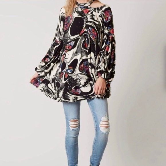 Free People Drift Away Boho High Collar Cold Shoulder Modern Swing Tunic Dress - Picture 8 of 13